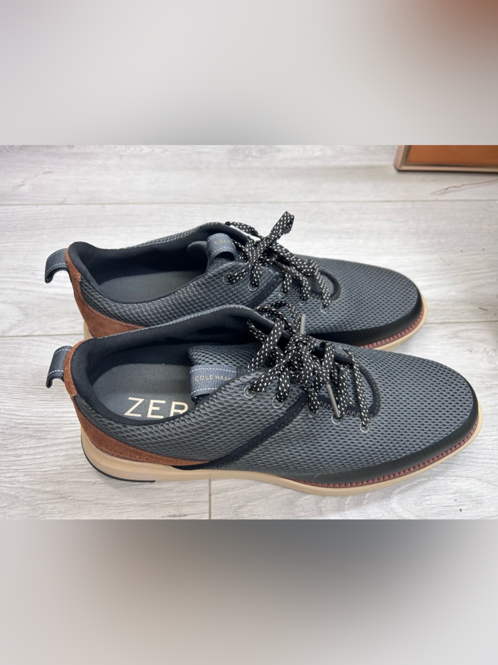 Cole Haan Black Mesh Loafers with Brown Heel Accent